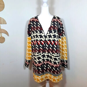 Vintage Concept Colorful Houndstooth Long Open Front Sweater Cardigan Size M
